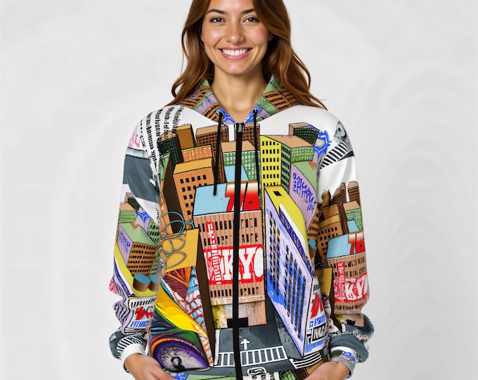 Colorful Cityscape Cotton Full Zip Hoodie: Tokyo Street Art