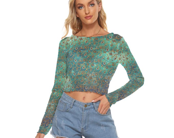 Aqua Golden Chain Women's Mesh Long Sleeves Top