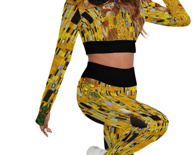 Klimt Art Print Women's Athletic Set With Backless Top And Leggings, Three Styles
