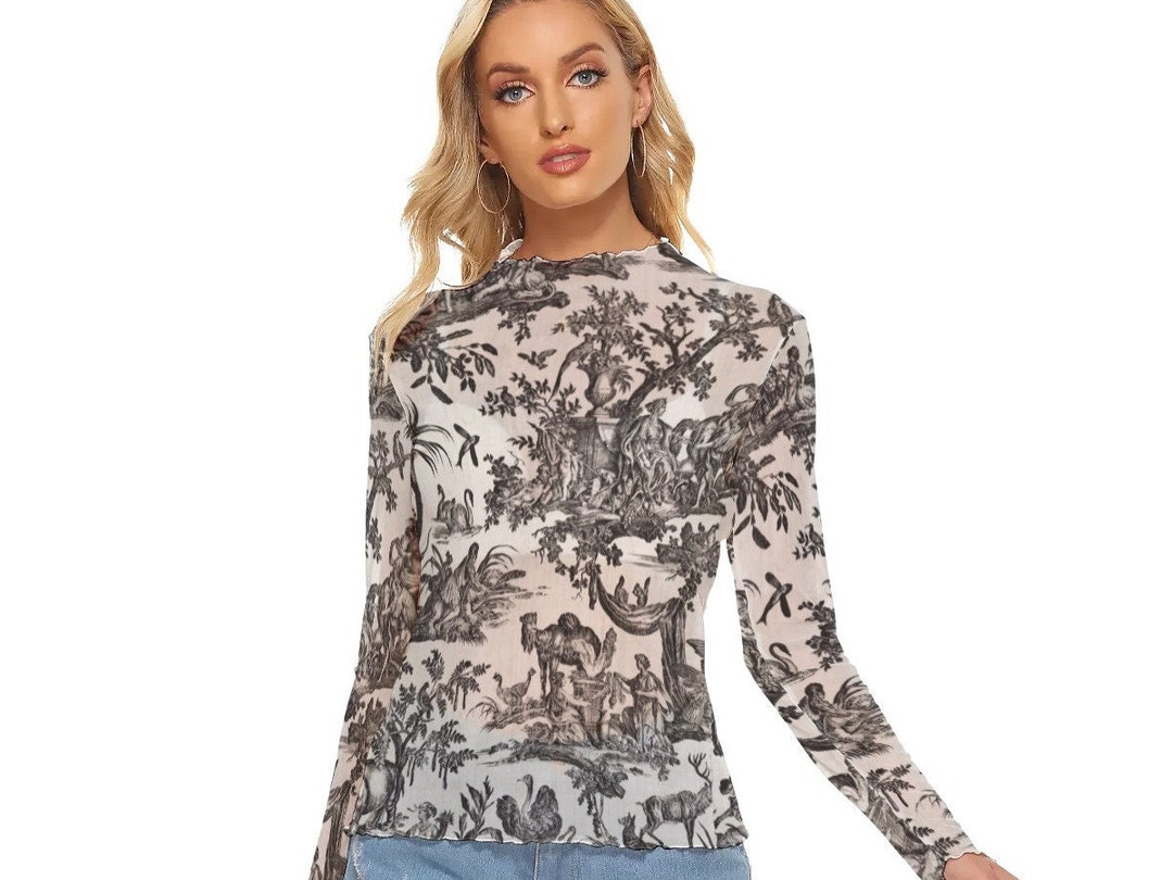 Vintage French Beige Script Print Mesh Top (S/M) main image 1