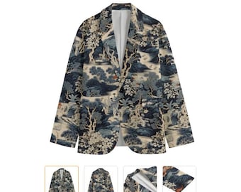 Haiku Art Japanese Print Men's Cotton Blazer, Navy & Cream