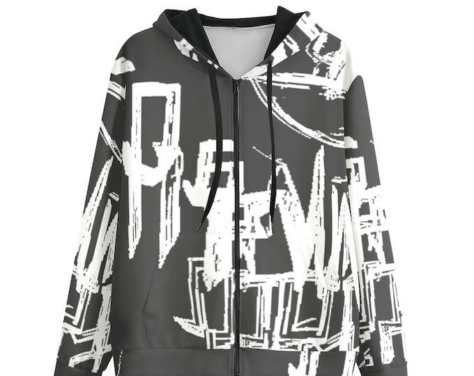 Graffiti Newsprint Cotton Unisex Hoodie with Zipper - Urban Style
