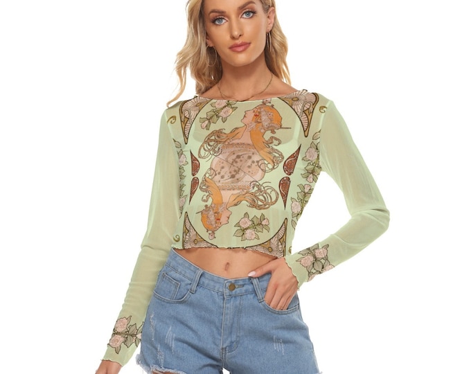 Art Nouveau Alphonse Mucha  Women's Mesh Long Sleeves Top Four Colors