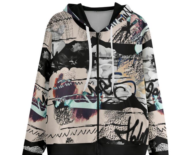 Newsprint Graffiti Cotton Full Zip Hoodie: Unisex Streetwear