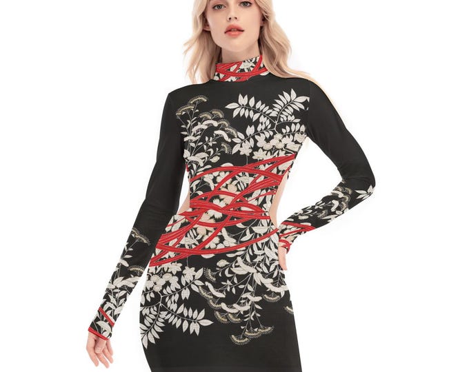 Red Ribbon Women's Party Mini Dress, Long Sleeves, Side Cutouts, Mock Neck