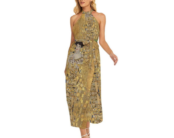 Klimt women's wrap hem belted halter dress side slit