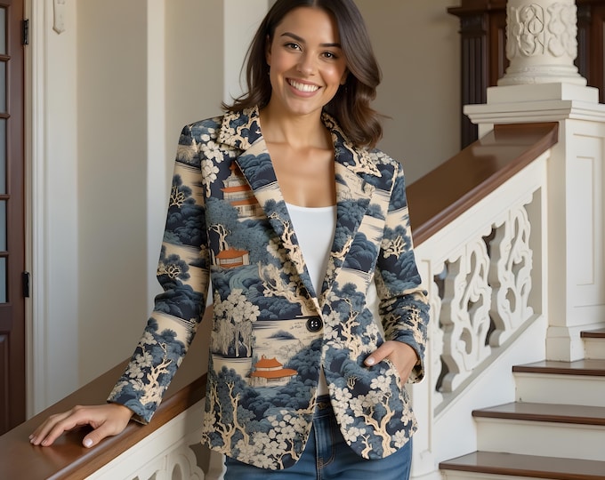 Japanese Print Cotton Blazer: Unisex Haiku Art, Navy & Cream