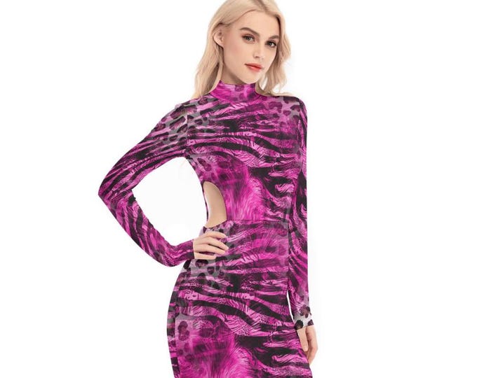 Animal Pink Women's Party Mini Dress Long Sleeves Side Cutouts