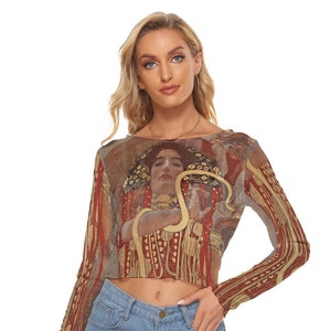 Gustav Klimt Red and Gold Women's  Mesh Crop Top Long Sleeves