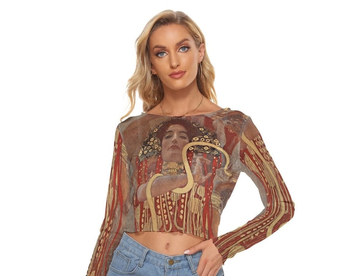 Gustav Klimt Red and Gold Women's  Mesh Crop Top Long Sleeves 6XL
