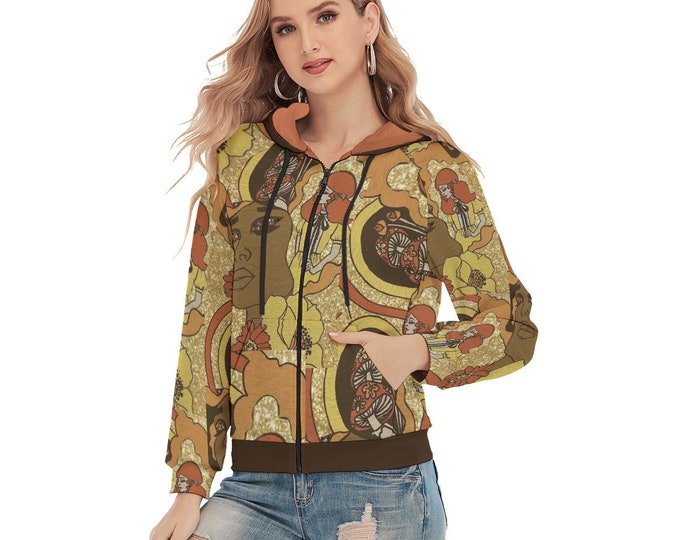 Vintage Groovy Print Y2K Women's Hoodie with Zipper and Pockets