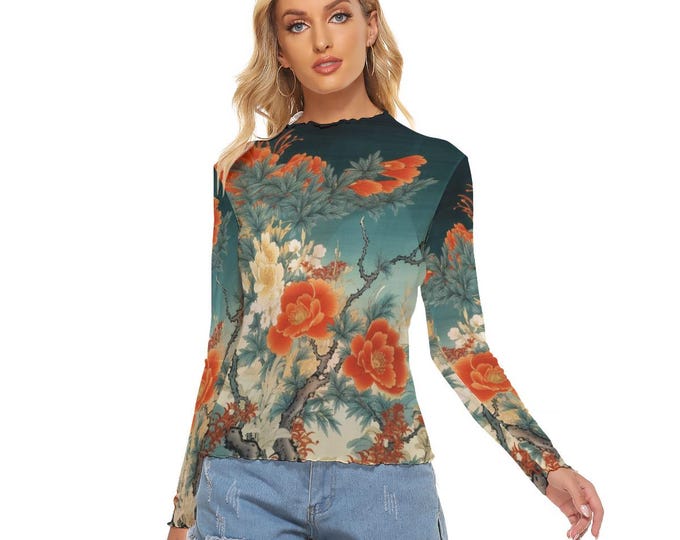 Deep Aqua Floral Women’s  Mesh Top Long Sleeves up to 6XL Free Shipping