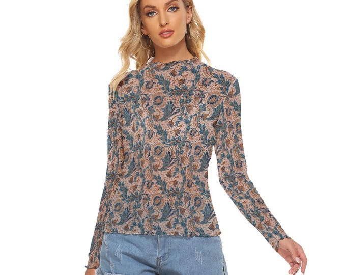 Floral Women's Mesh Top long Sleeves up to 6XL