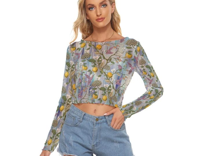 Floral romantic women's mesh semi-sheer crop top