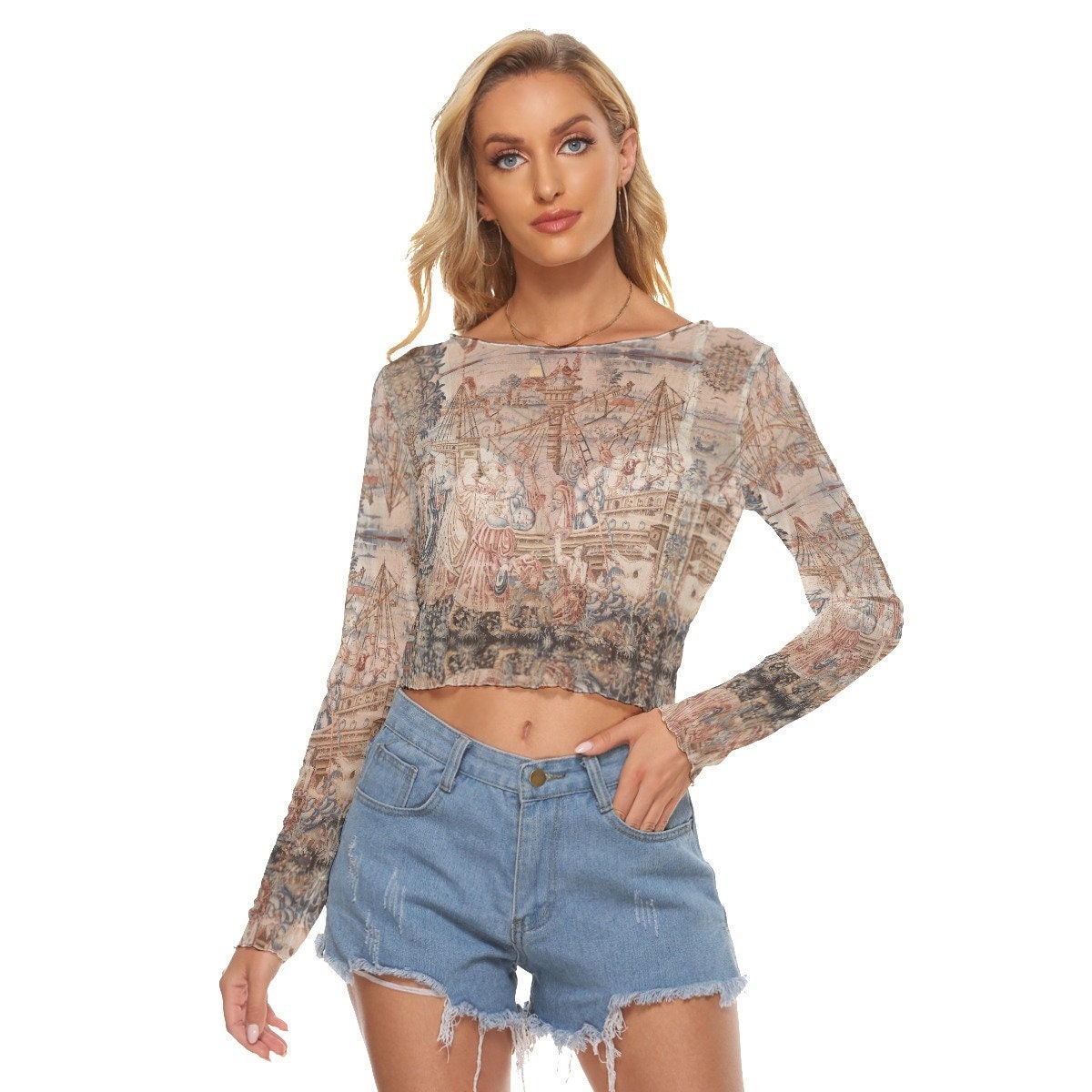Medieval Castle Art Graphic Women's Mesh Crop Top Long Sleeves up to 6XL