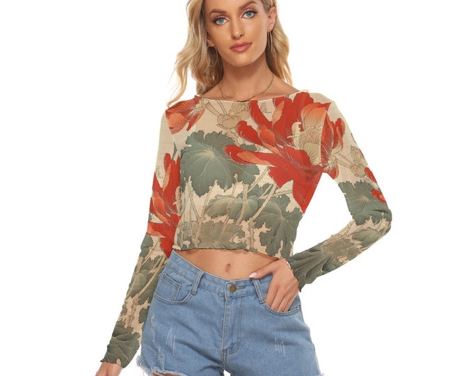 Jungle Floral Women's Mesh Crop Top Long Sleeves up to 6XL