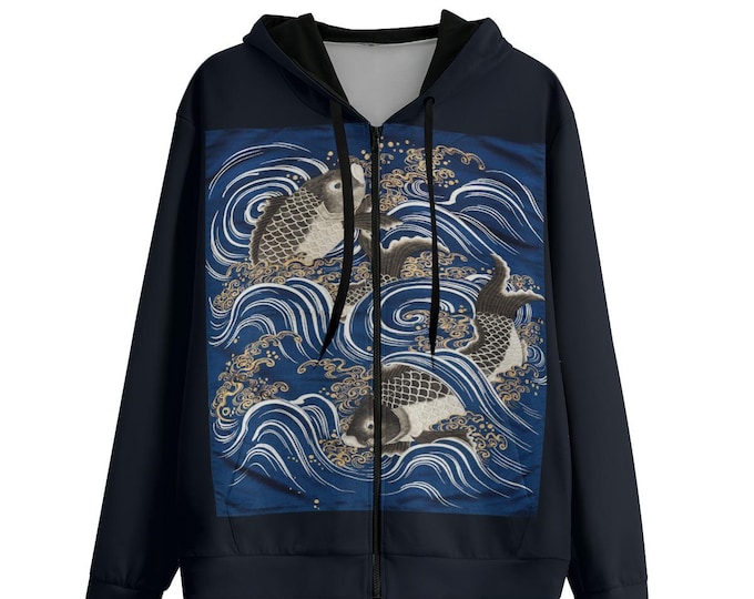 Koi Print Unisex Pullover Hoodie With Zipper Closure 100% Cotton