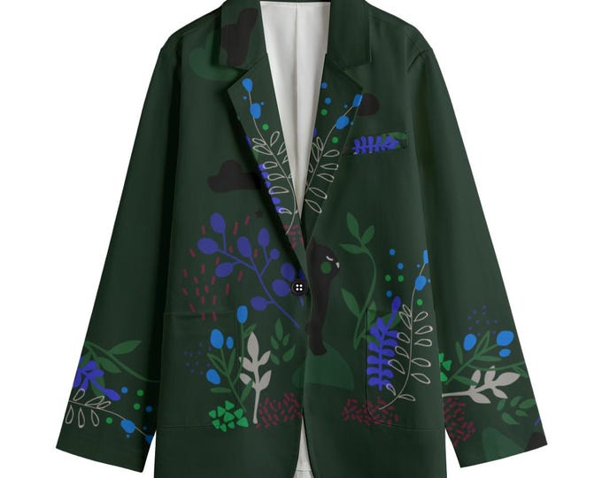 Artsy Botanical Print Cotton Blazer: Find The Bunny - Up to 5XL