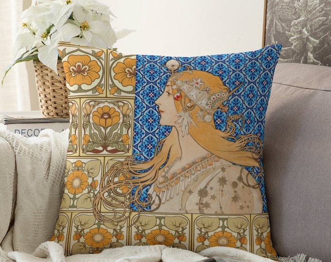 Art Nouveau Mucha Print Decorative Pillow Cover with Zipper in Blue and Green