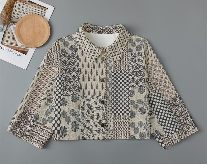Patchwork Sashiko Print Women's Cropped Jacket Cotton Two Styles