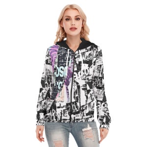 News Print Women&#39;s Long Sleeve Hoodie With Zipper