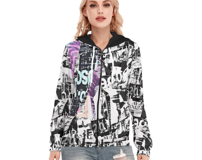 News Print Women's Long Sleeve Hoodie With Zipper