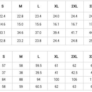 Puede incluir: Una tabla de tallas de ropa con medidas en pulgadas y cent&iacute;metros. La tabla incluye tallas de la XS a la 6XL, detallando medidas de largo, hombro, busto y manga.