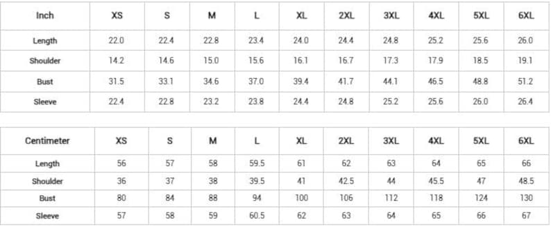 Puede incluir: Una tabla de tallas de ropa con medidas en pulgadas y cent&iacute;metros. La tabla incluye tallas de la XS a la 6XL, detallando medidas de largo, hombro, busto y manga.
