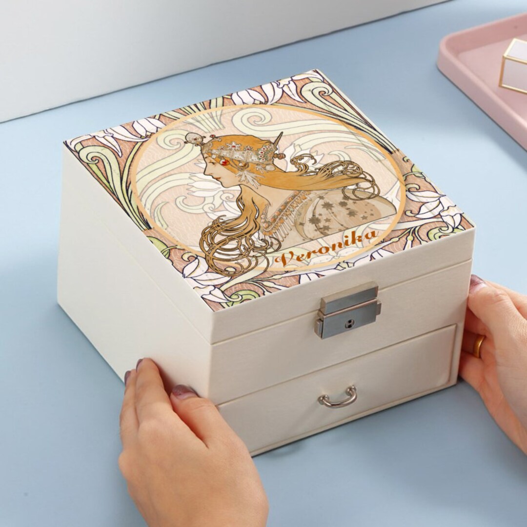 Custom White Lockable Vegan Leather Jewelry Box Gift Box Mucha Art Free