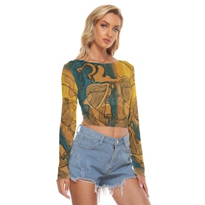 Art Nouveau Gemini Women&#39;s Mesh Crop Top Long Sleeves up to 6XL