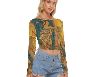 Top corto de malla Art Nouveau Gemini para mujer, mangas largas, hasta talla 6XL