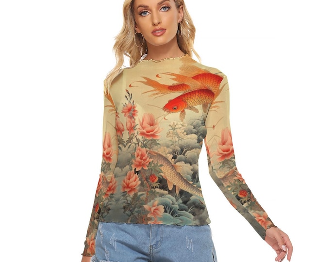 Koi Japanese Traditional Women's Mesh Semi-Sheer Crop Top  Long Sleeves Three Styles
