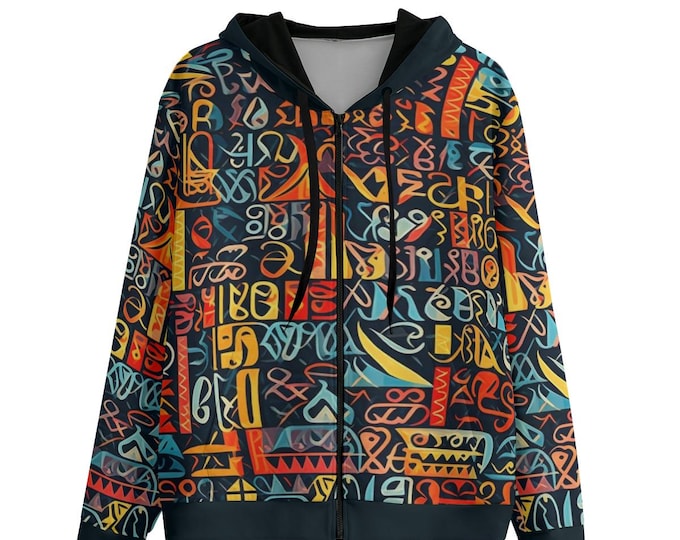 Graffiti Tribal Cotton Zip-Up Hoodie: Unisex Jacket with Pockets