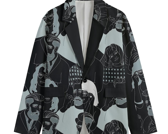 Abstract Face Print Cotton Blazer - Artsy Graphic Design