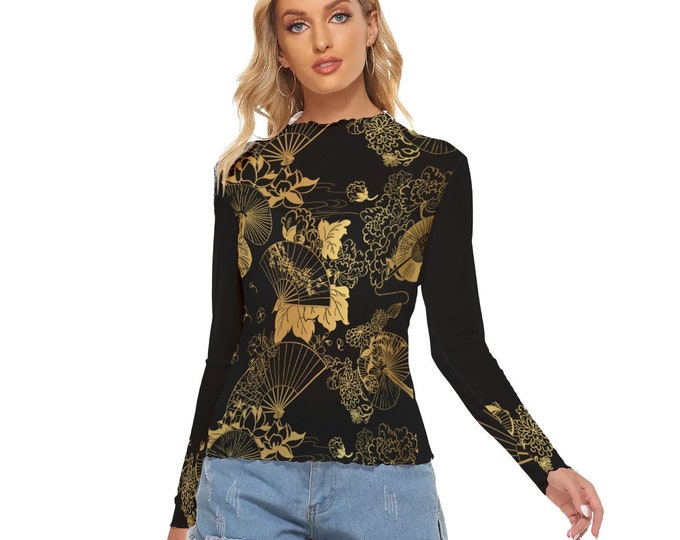 Vintage Japanese Pattern Black Women's Mesh Top Crop Top and Classic Length Long Sleeves up to 6XL
