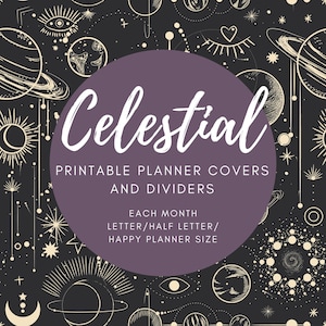Celestial Printable Planner Covers, 8.5x11, Happy Planner, Yearly Planner Pages, Planner Divider, Stars, Galaxy Art, Tarot, Constellations