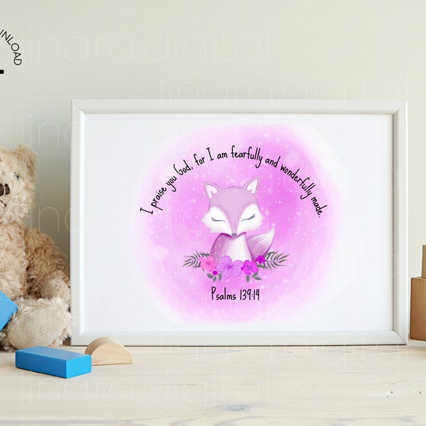 Psalms 139:14, Nursery Christian Art Print, Baby Fox, Bible Quotes, Scripture, Instant Digital Download