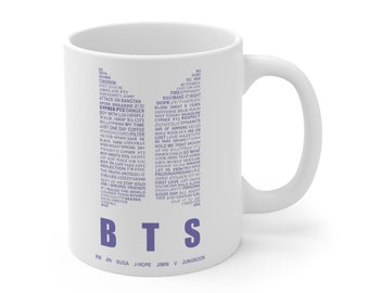 BTS Mug, bts song merch, kpop mug, bts logo, bts coffee mug, coffee cup, RM, Jin, Suga, j-hope, Jimin, V, Jungkook, 11oz White Ceramic Mug