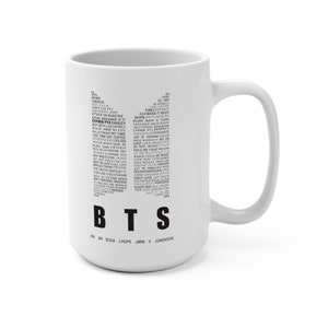 BTS Mug, bts song merch, kpop mug, bts logo, bts coffee mug, coffee cup, RM, Jin, Suga, j-hope, Jimin, V, Jungkook, 15oz White Ceramic Mug