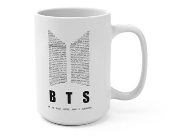 BTS Mug, bts song merch, kpop mug, bts logo, bts coffee mug, coffee cup, RM, Jin, Suga, j-hope, Jimin, V, Jungkook, 15oz White Ceramic Mug