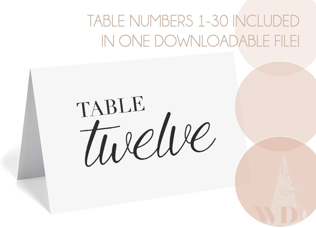 Minimalistic Wedding Table Numbers 130 Printable Foldable Cards Elegant Calligraphy Party Table