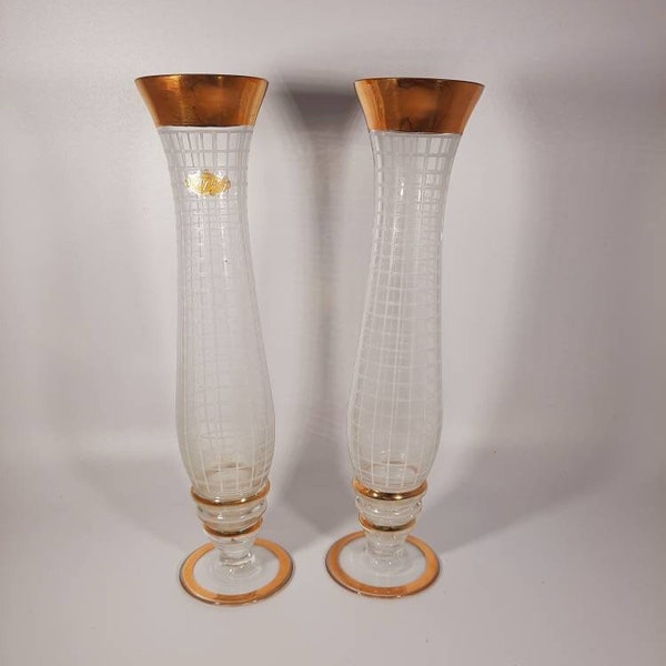 2 Glasvasen Fadendekor Gold 50er Jahre,  50s Vintage