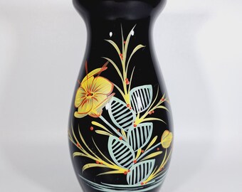 花瓶 ガラス 花瓶 黒ガラス ヒヤリスガラス 手描き ミッドセンチュリー