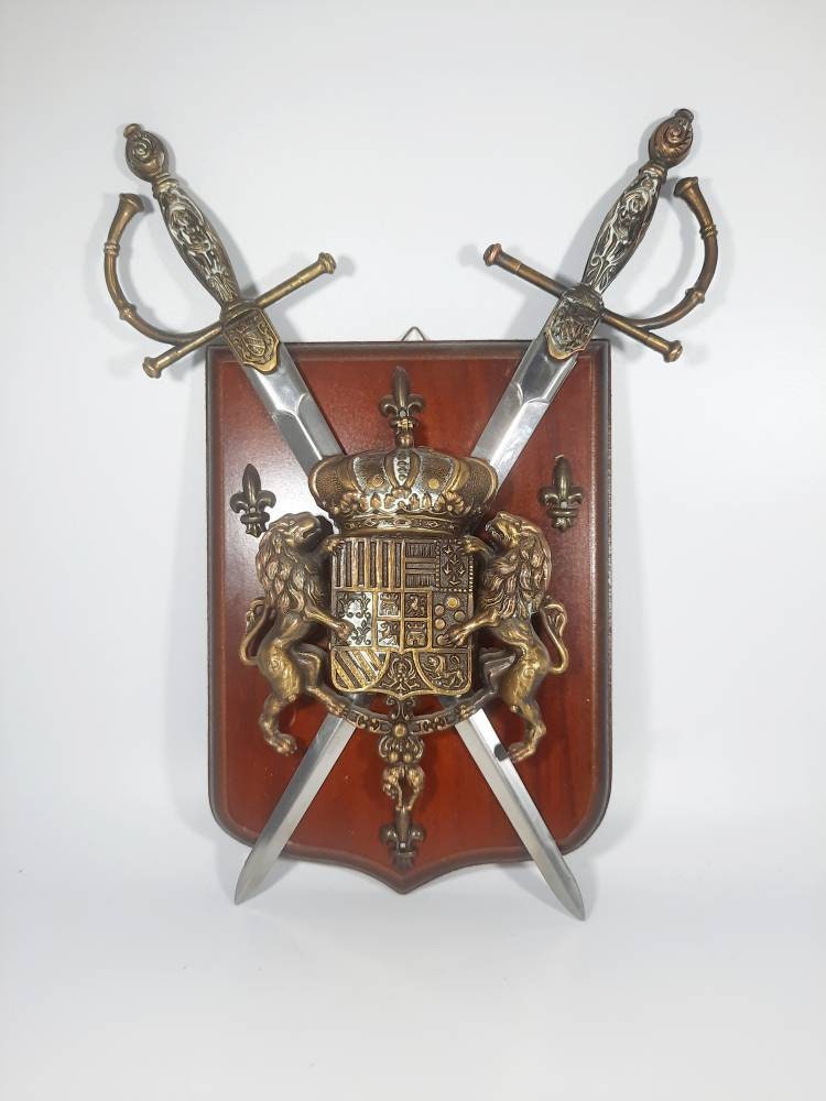 Crossed Swords Wall Hanging Knights Made in Spain Coat of Arms Wall Plaque  dark Wood