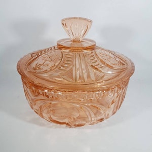 Tarro de cristal prensado rosa años 40