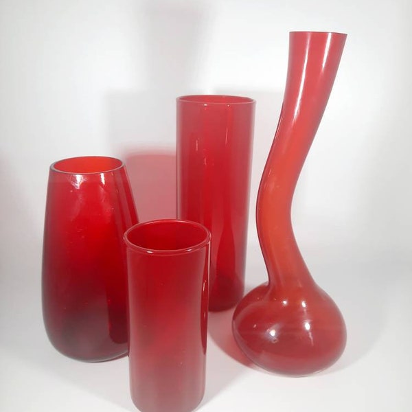 Red glass vases 4 pieces 70s vintage