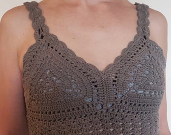 Crochet party top.  Handmade cotton top. Ideal for Summer events.  Available in a nice Brown/Gray color.