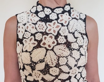 Crochet Blouse.  Party top.  Handmade cotton blouse.  Ideal for special occasions during the Summer.  Nice milky white and black colors.