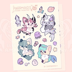 Purrmaids Sticker Bogen | MERMAY Kawaii süsse Meerjungfrauen Katze Kitty Ozean Meerestiere