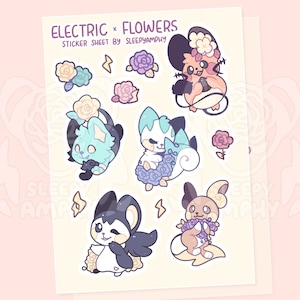 Elektrik x Blumen Sticker Bogen | PKMN Videospiel Kawaii Cute Creatures Laptop Journal Planer